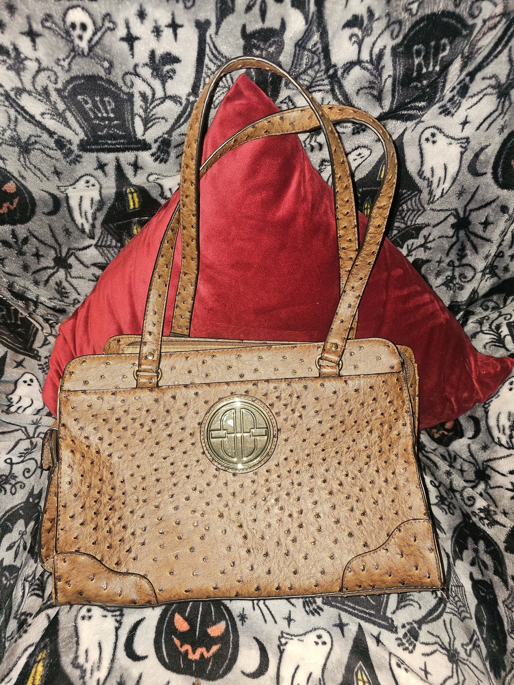 Tan Ostrich-Texture Shoulder Bag with Gold Medallion Accent